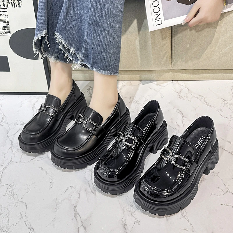 YIYII STUDIO厚底增高圆头乐福鞋女时尚配裙子粗跟一脚蹬百搭皮鞋