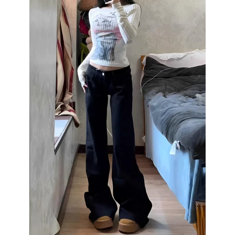 黑色水洗微喇阔腿牛仔裤女春季美式辣妹低腰宽松垂感拖地长裤