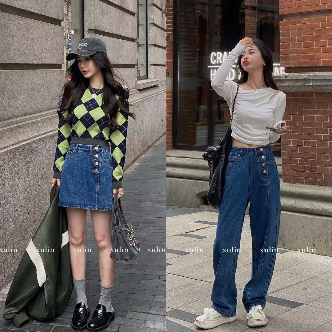 徐琳mini「IM*I复古摩登」私服80s不对称排扣牛仔半裙/裤 x220139