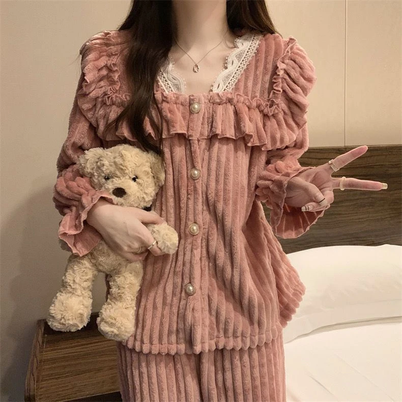 高级感公主风睡衣女珊瑚绒法兰绒冬季两件套2023新款加绒加厚套装