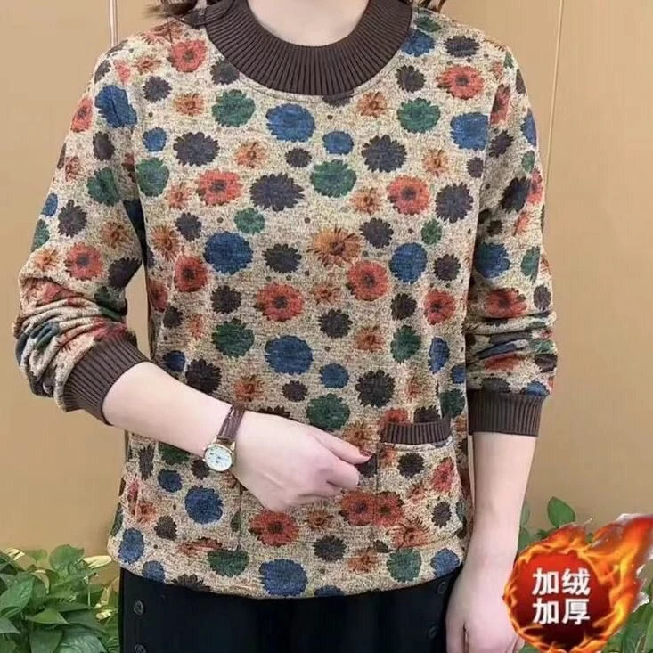冬季加绒加厚圆领时尚提花棉花棉洋气打底小衫卫衣罗纹领上衣