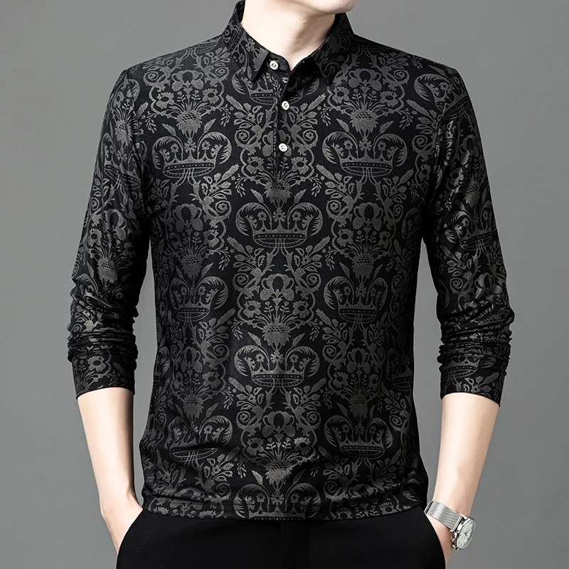 2025秋季新款男士长袖百搭POLO衫中老年商务休闲印花t恤上衣潮流