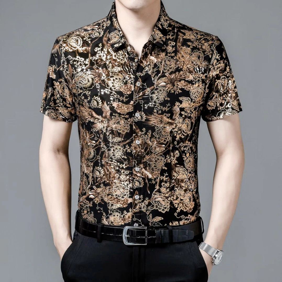 【加肥加大】夏季休闲冰丝凉爽短袖爸爸衬衣时尚半袖烫金爸爸衬衣