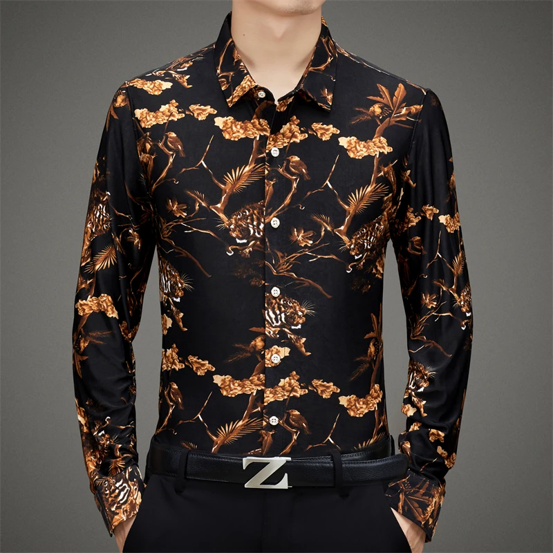 秋季男士印花韩版长袖衬衫中年修身休闲高档打底方领薄款衬衣男装