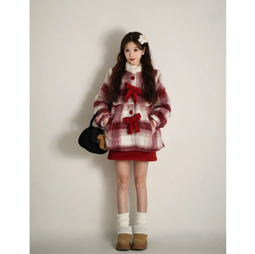 洋洋子【糖葫芦】秋冬红色套装女圣诞季外套格子短款半身裙两件套
