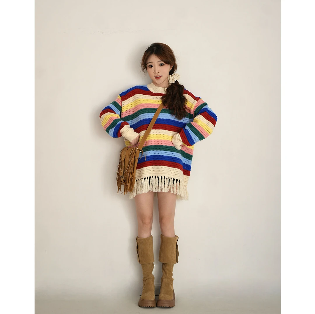 洋洋子【小马宝莉】多巴胺彩虹条纹流苏毛衣秋冬宽松慵懒风针织上衣