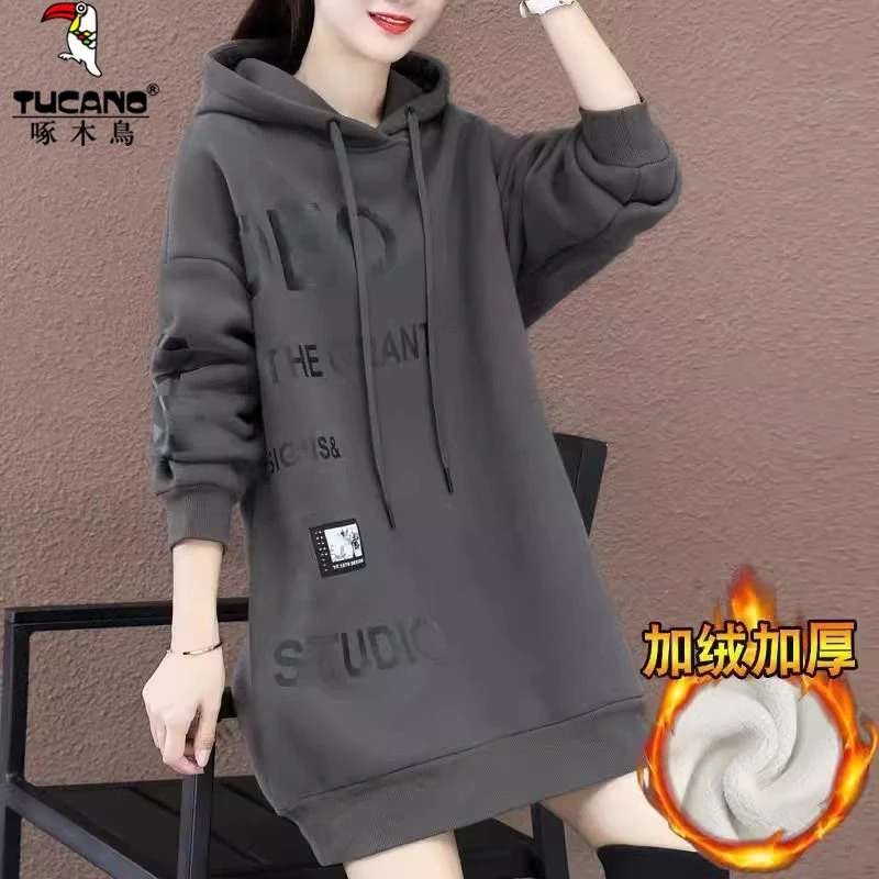 啄木鸟2024秋冬季新款连帽女士卫衣时尚中长款加绒加厚保暖上衣女