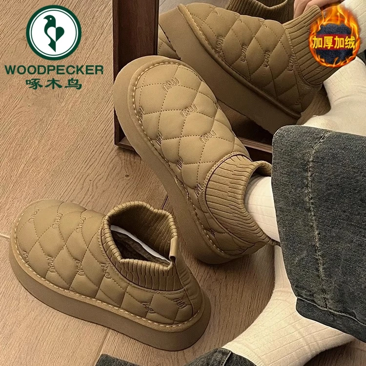 啄木鸟保暖厚底雪地靴女加绒加厚2024新款皮毛一体防水防滑棉鞋女