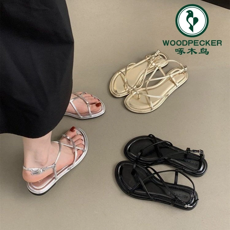 啄木鸟平底罗马凉鞋女款2024年新款夏季仙女风夹趾凉鞋配裙子鞋子