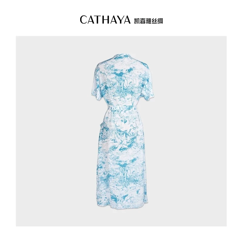 桑蚕丝连衣裙时尚显瘦宽气质法式花色夏季 灰色水墨画  L5190