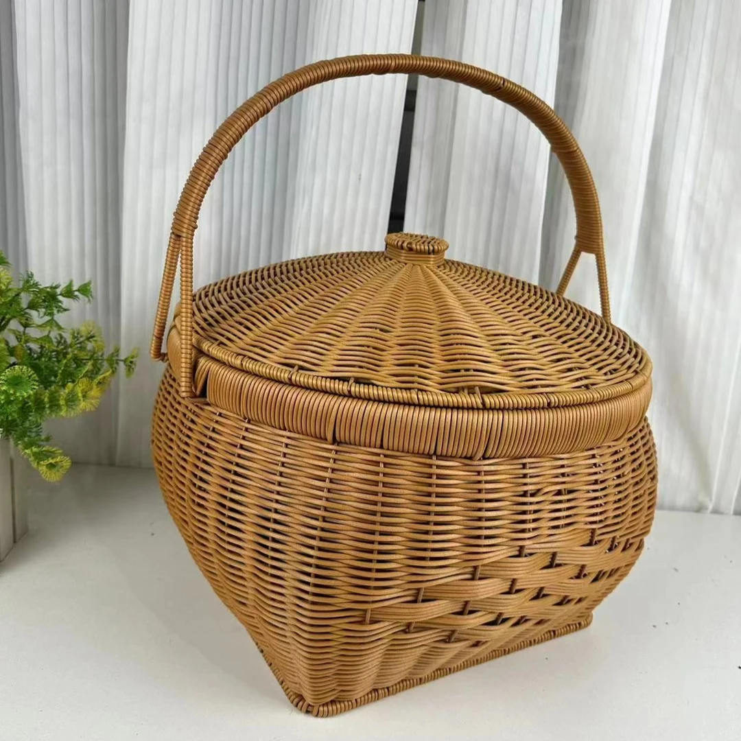 T61天圆地方带盖提篮仿藤家用买菜藤编手提篮单层收纳提餐拜拜篮