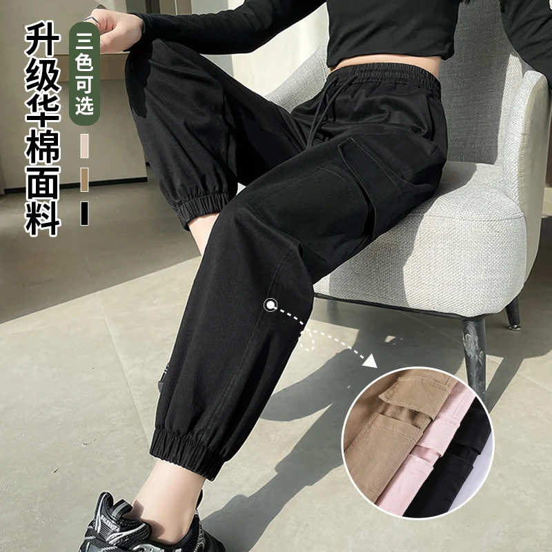 美式工装裤女2025新款春秋高腰休闲束脚裤窄版直筒垂坠感黑色裤子