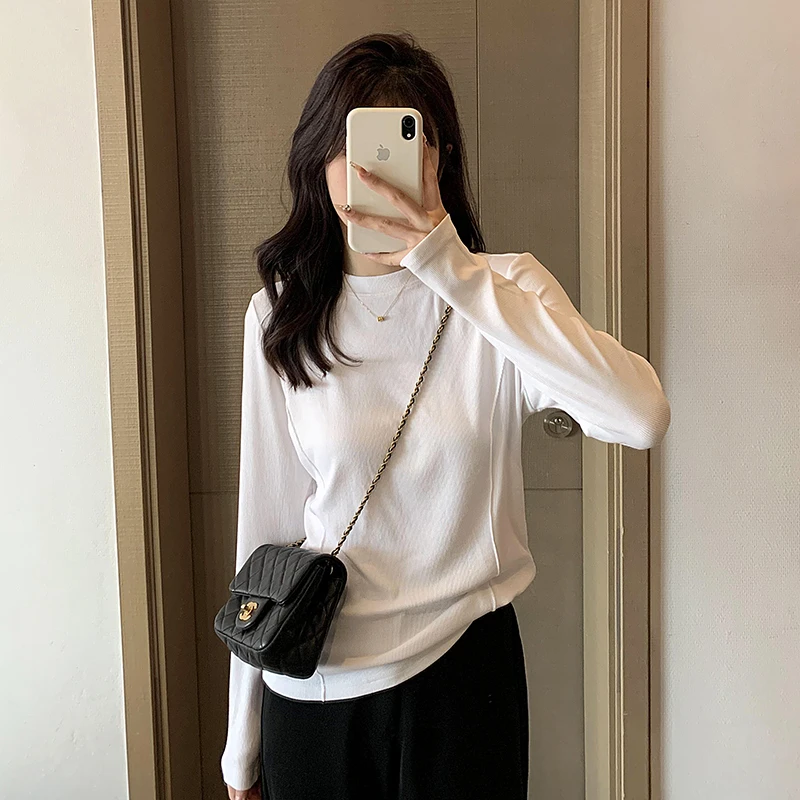 秋冬白色打底衫女修身正肩显瘦紧身上衣设计感小众圆领内搭长袖T