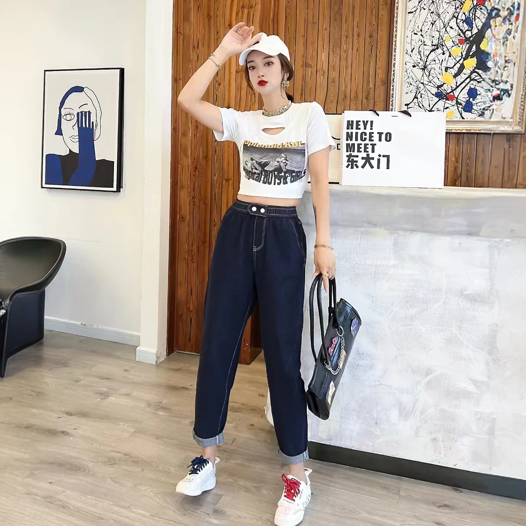 鲸鱼大码#宽松百搭高腰哈伦休闲裤洋气显瘦水洗休闲牛仔老爹裤女