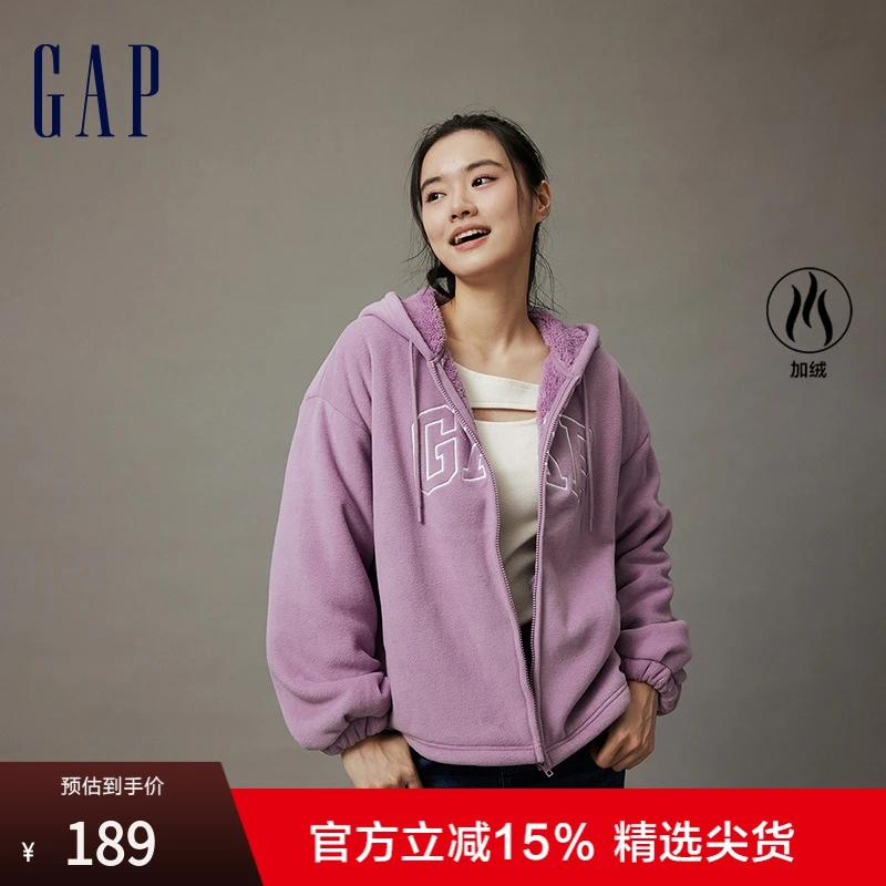 Gap女士卫衣冬2023新款抱抱绒外套807025加厚拉链连帽热力感上衣