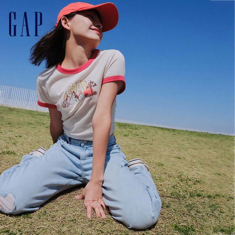 Gap女装夏季新款纯棉修身正肩亲肤短袖T恤598249复古辣妹上衣