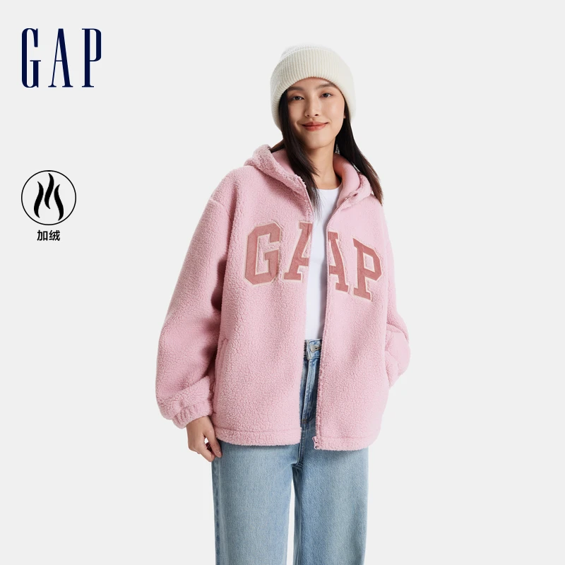 Gap女装2024秋冬新款贴布绣花logo仿羊羔绒松绒系卫衣外套600757