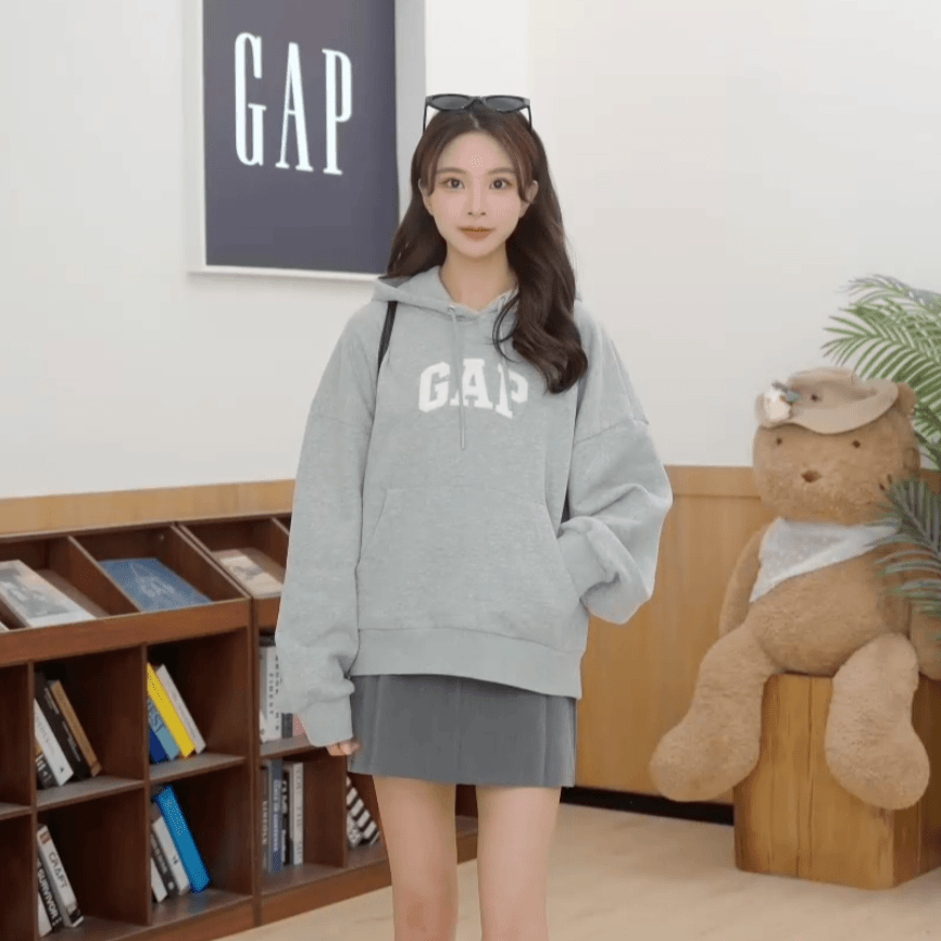 Gap女装2024秋季新款毛巾绣logo抽绳连帽抓绒卫衣休闲上衣634443