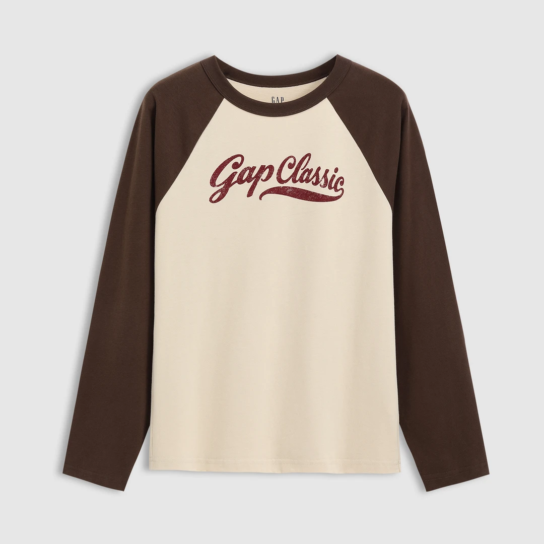 休闲Gap女装2024秋冬新款纯棉印花撞色插肩长袖T恤新年上衣606137