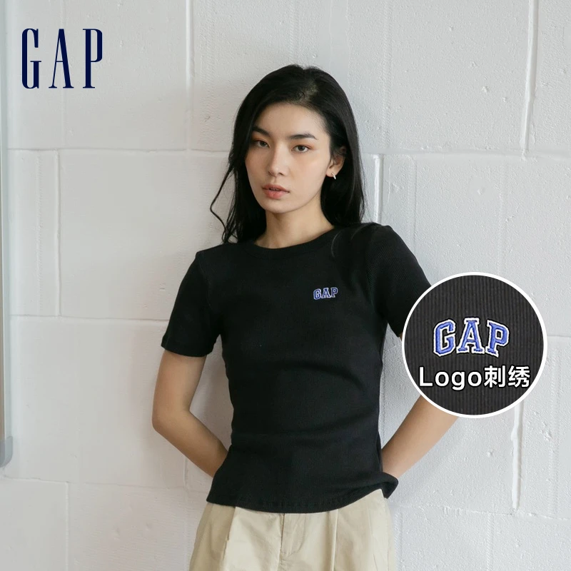 【女友T】Gap女装LOGO纯棉辣妹风修身正肩罗纹T恤400960轻职风上衣