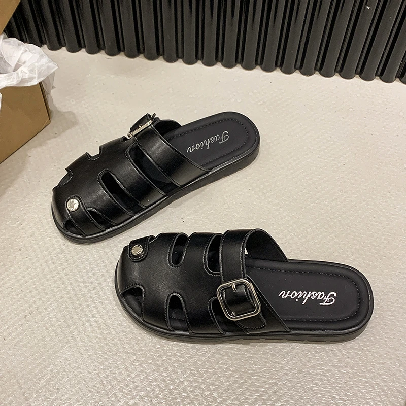 鱼骨平底罗马凉鞋夏季新款时尚外穿包头拖鞋女 黑色 D-3