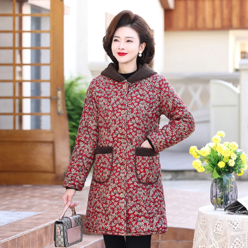 冬季新款加绒加厚保暖妈妈连帽碎花外套中长款洋气大码中老年棉袄
