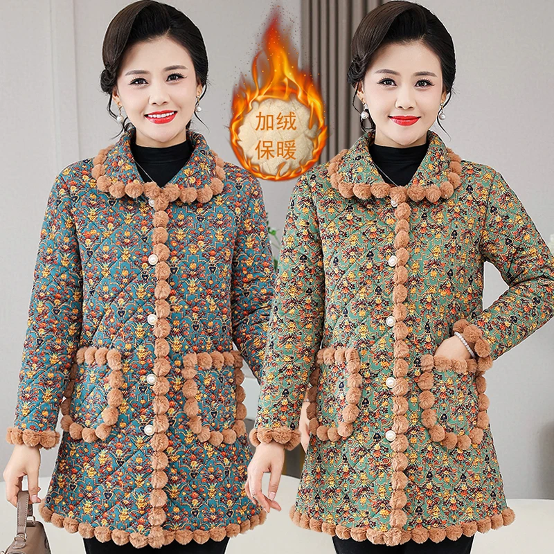 冬季新款加绒保暖妈妈棉袄中长款翻领时尚大码洋气长秀暖和外套