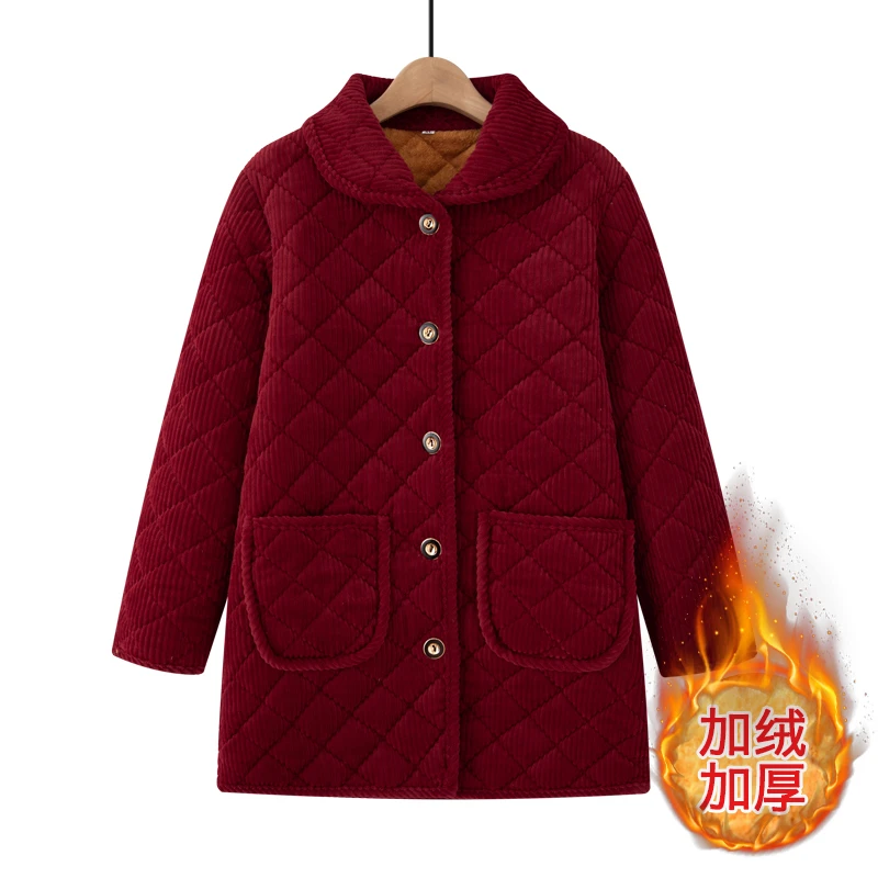 冬季加绒保暖棉服妈妈装中长款外穿大码宽松棉衣中老年女棉袄居家