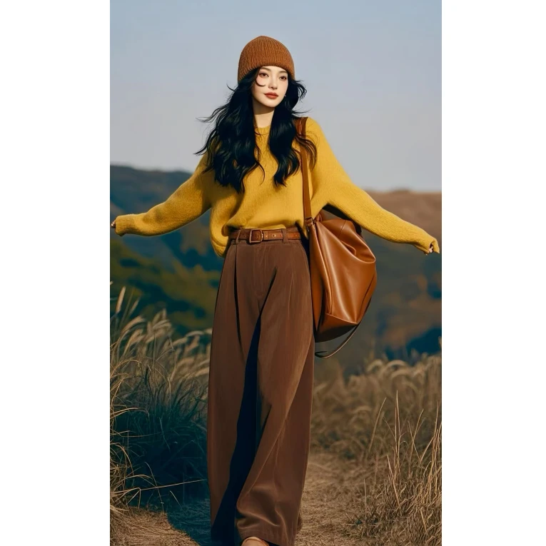 上班通勤穿搭姜黄色毛衣搭配棕色裤子撞色两件小香风套装秋冬款