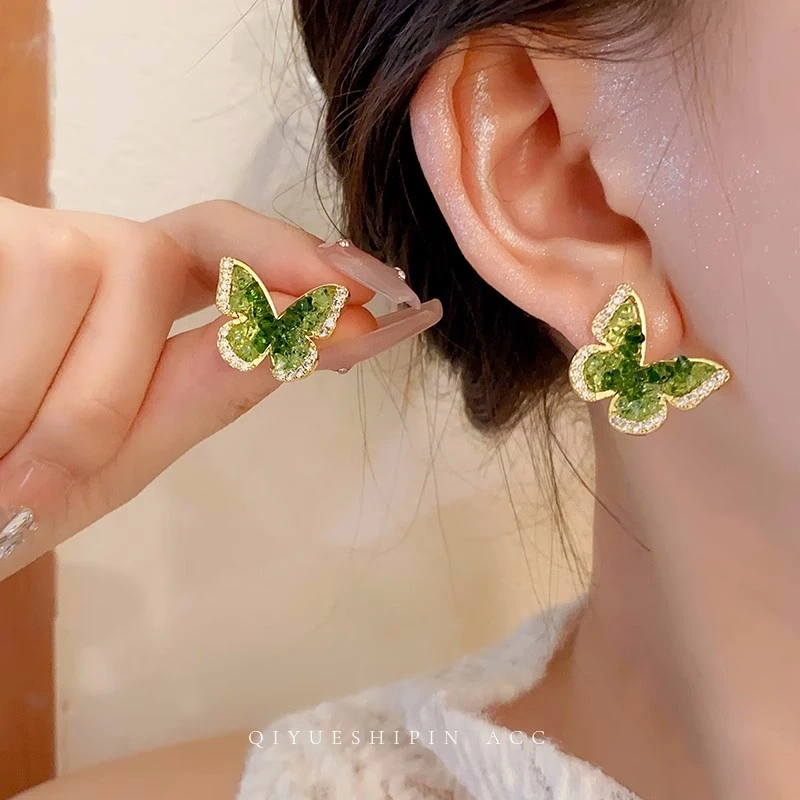 绿衣仙子 ~森系绿水晶蝴蝶耳钉小众设计高级感耳环轻奢精致耳饰女