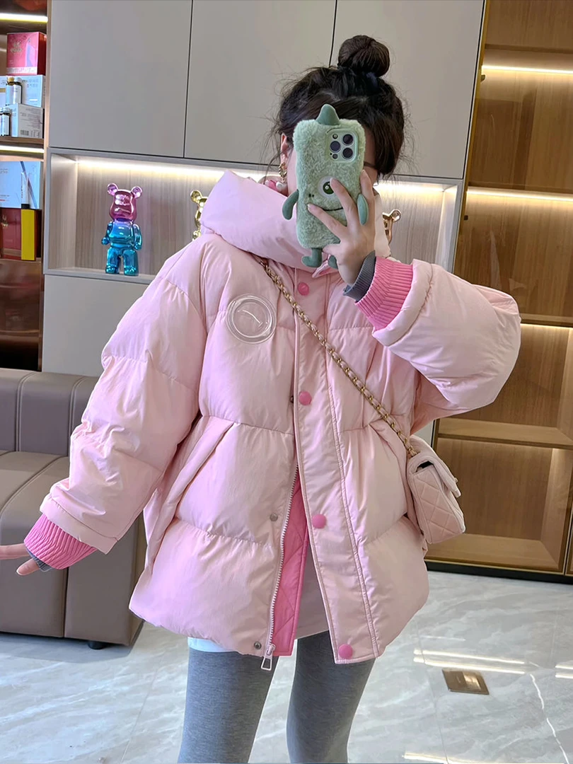 2023粉色小个子羽绒服女2023年秋冬季新款宽松加厚保暖甜美时尚