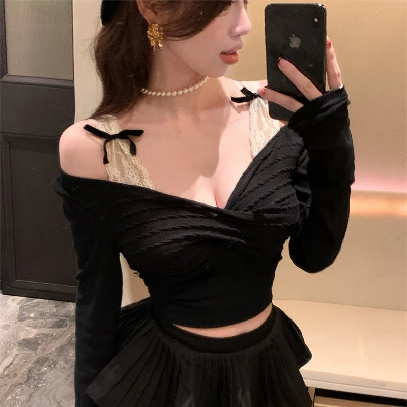 pinkmoon||假两件蕾丝打底衫长袖T恤女秋季灰色性感露肩纯欲风