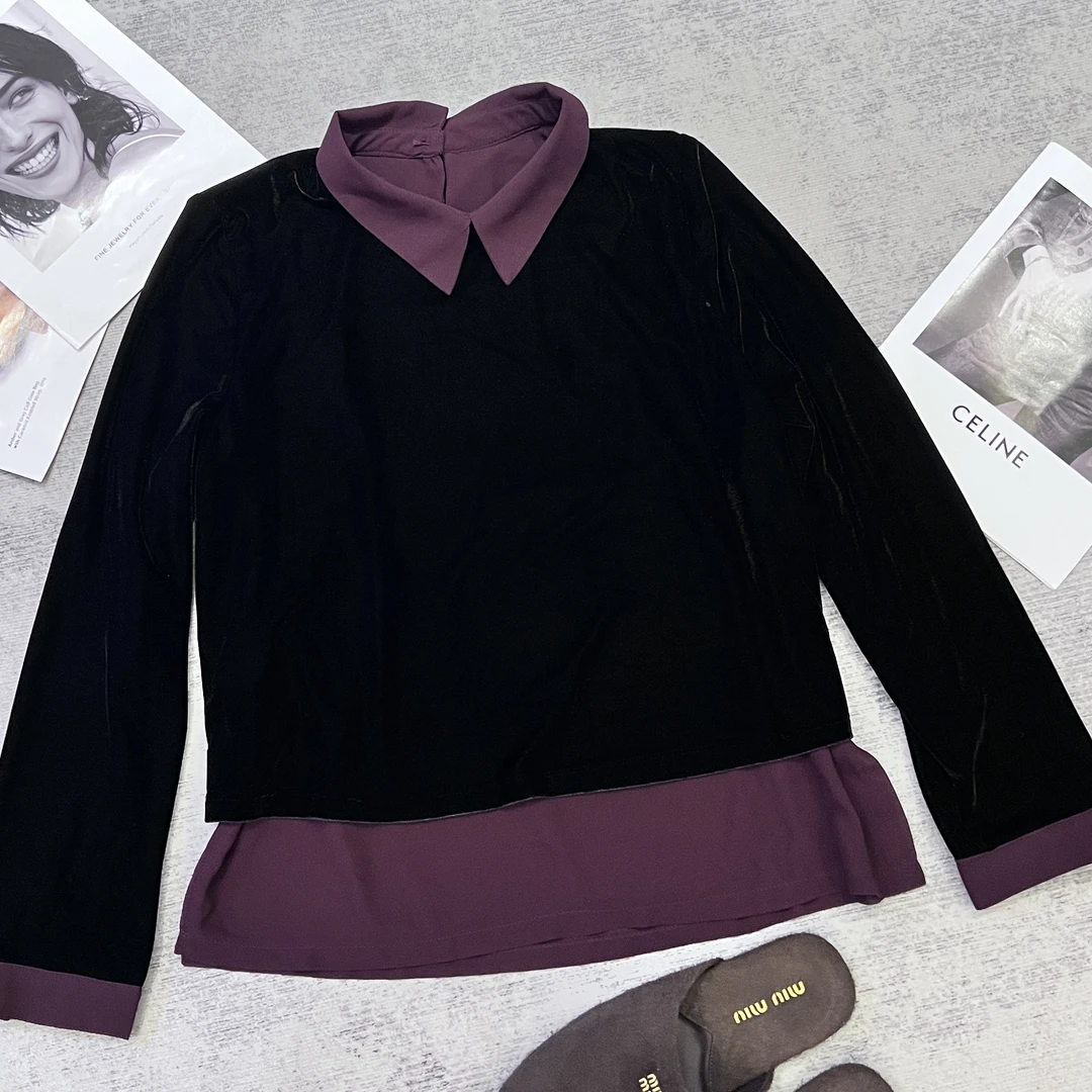 【淇淇】➕欧韩货高级时尚百搭显瘦丝绒拼接珍珠纱衬衫领衫