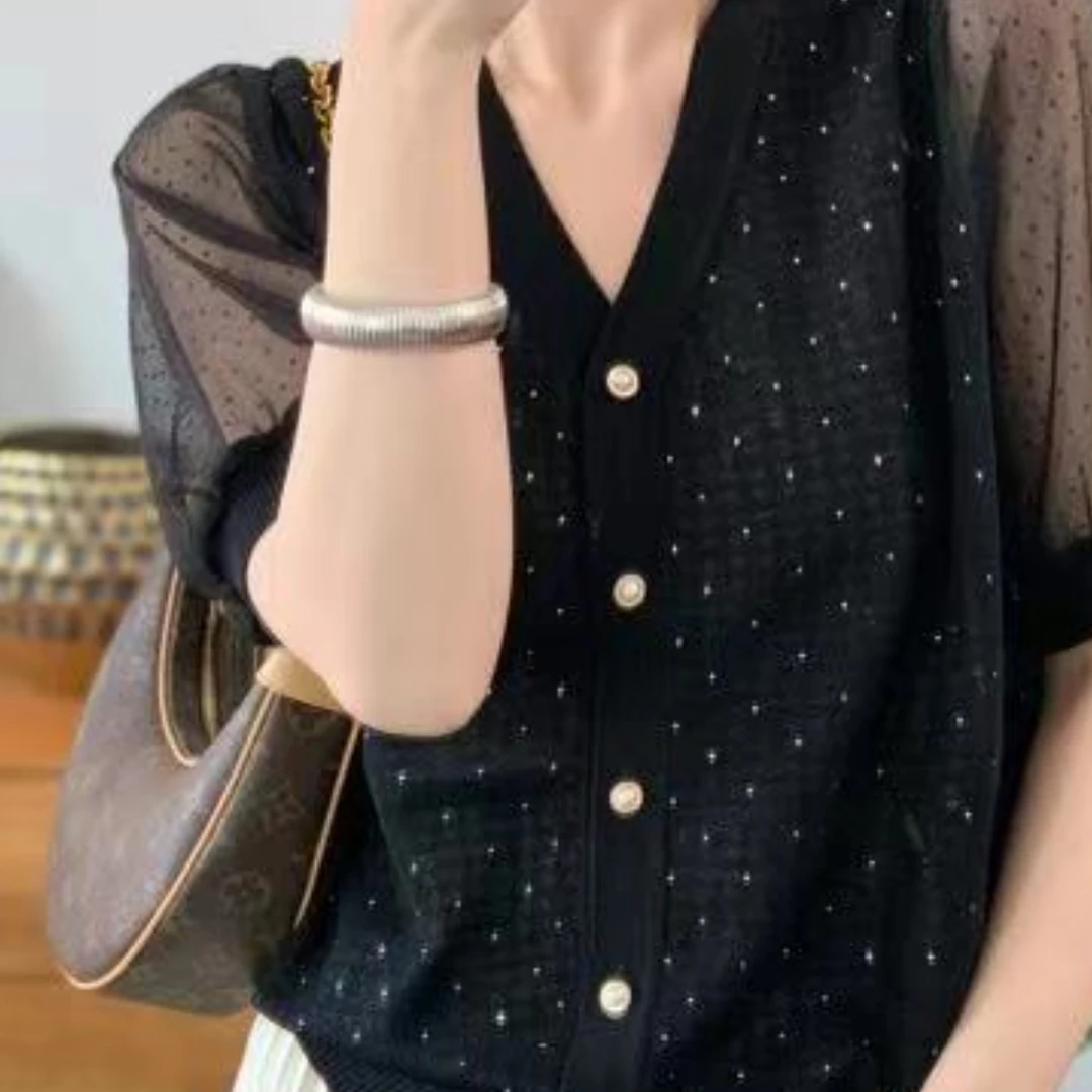 菱格纱袖烫钻提花短袖气质长袖针织衫V领针织衫天丝小香风春夏