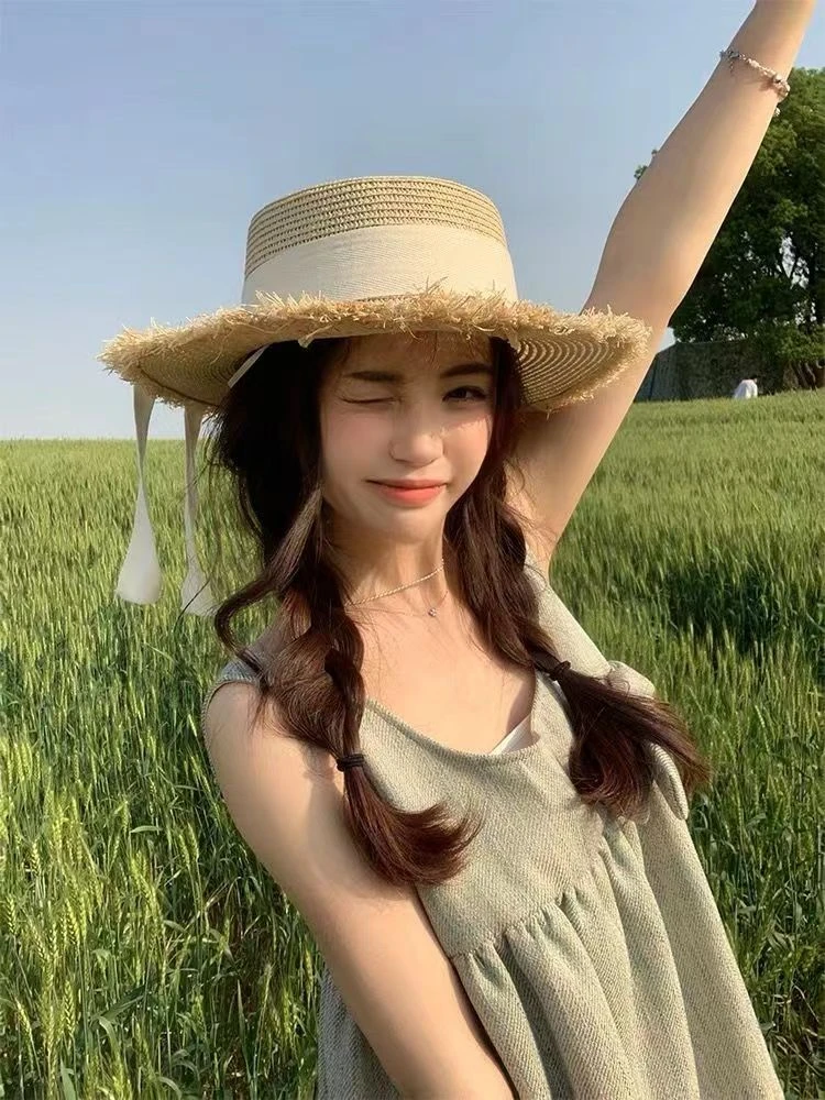 夏天日系百搭毛边草帽子女平顶出游太阳帽小清新蝴蝶结遮阳沙滩帽