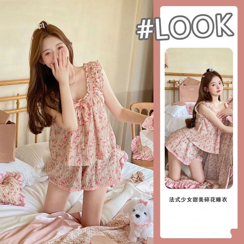法式甜美碎花吊带睡衣女夏款2024年新款网红宿舍宽松韩版居家套装