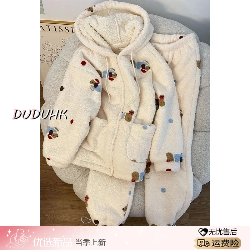 【加绒保暖】大码连帽卡通腊肠狗珊瑚绒睡衣女冬季家居服套装外穿