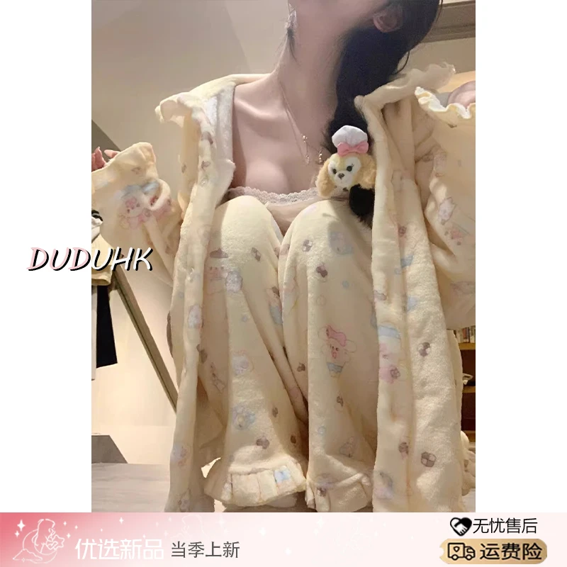 甜美少女风法兰绒睡衣女冬季新款珊瑚绒小个子家居服加绒保暖套装