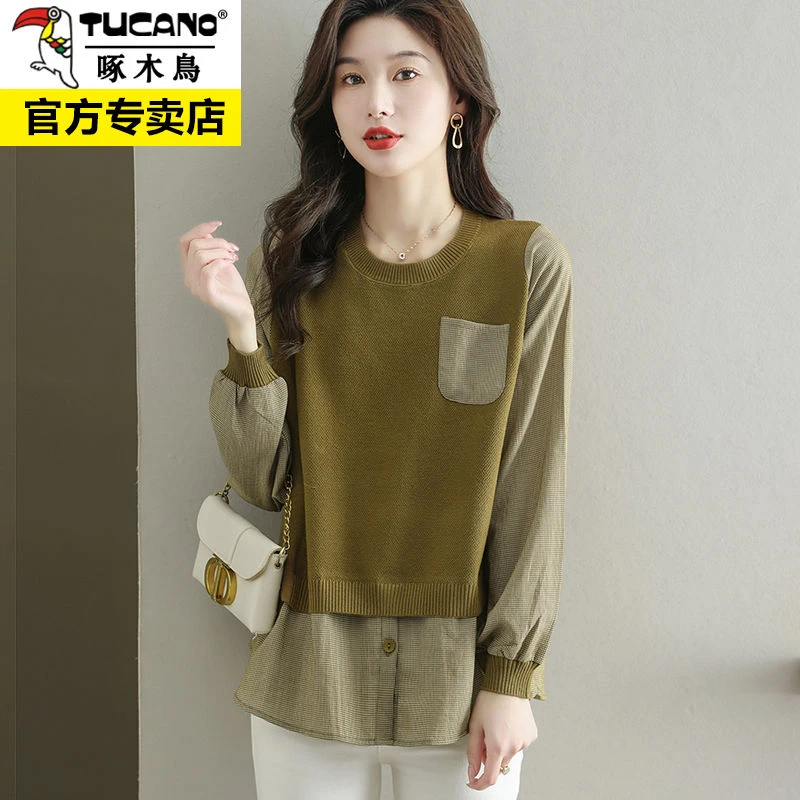 啄木鸟假两件拼接衬衫上衣女春装2023新款羊毛针织衫洋气外穿毛衣