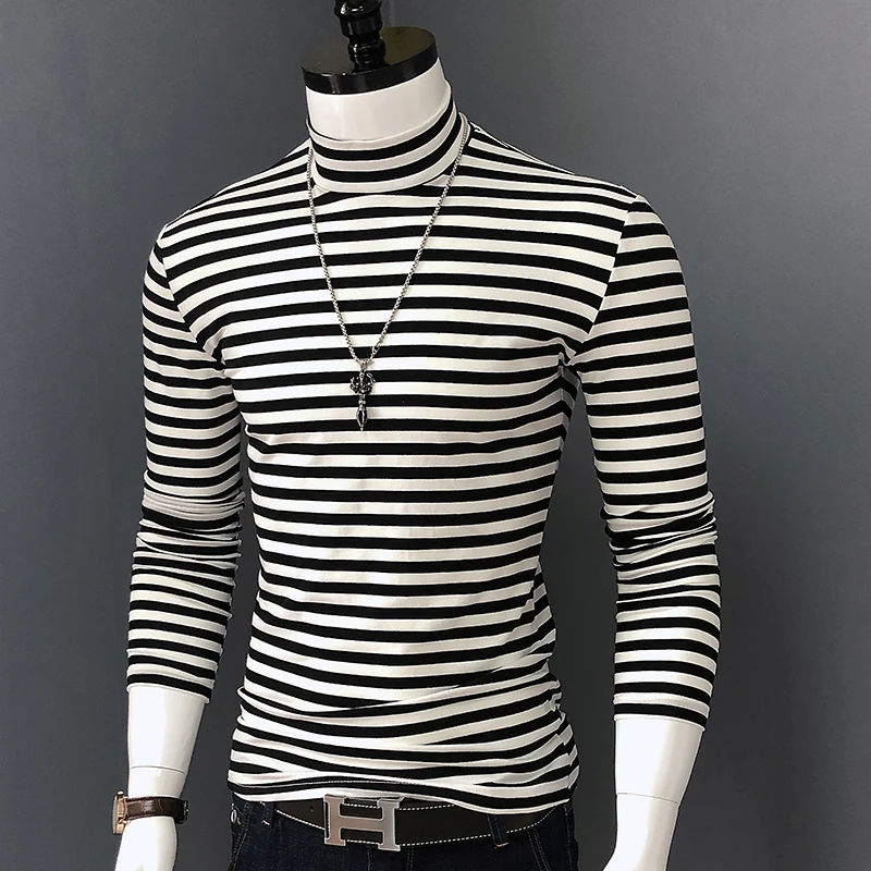 新款半高领长袖男士t恤韩版条纹修身上衣春秋纯棉保暖打底衫大码