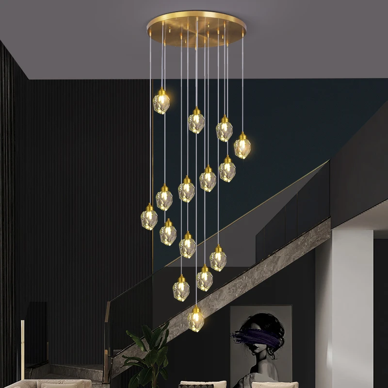 全铜复式楼梯吊灯现代轻奢水滴灯别墅公寓loft中空旋转水晶长线