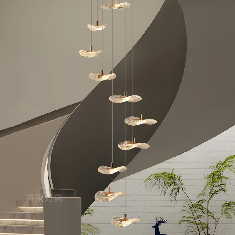 复式旋转楼梯长吊灯挑高跃层简约别墅客厅loft公寓展厅餐厅水晶灯
