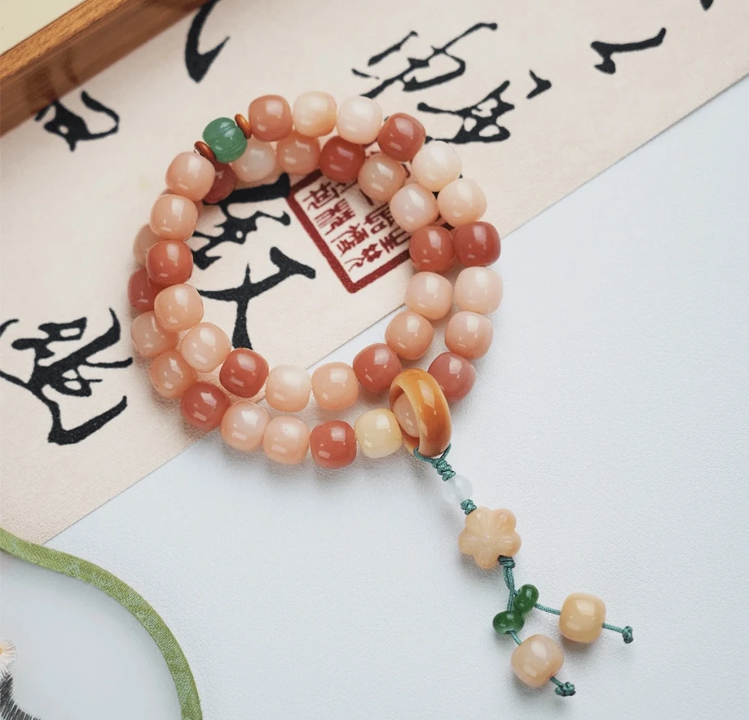 蜜桃粉 桃花醉 9*10 双圈天然菩提手串