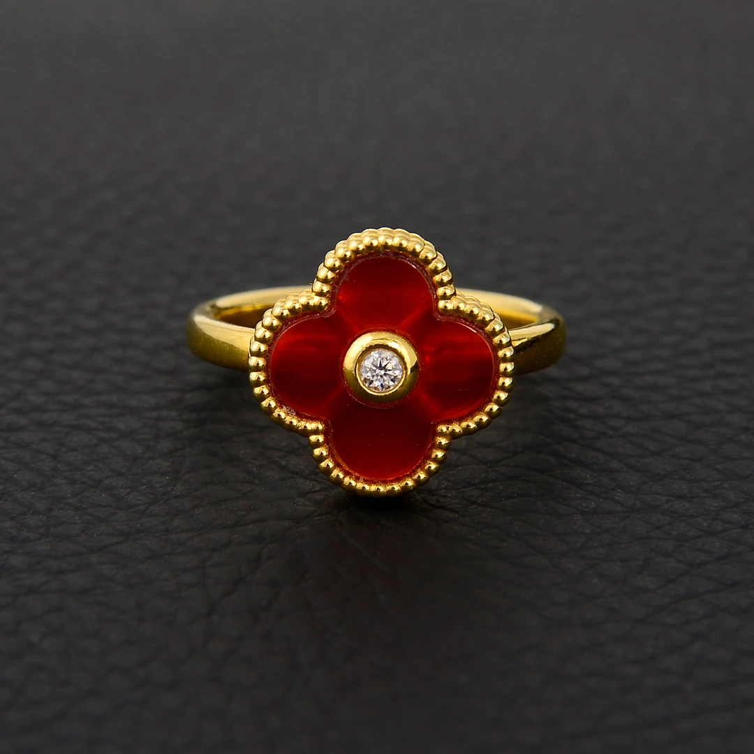 【双11大补贴|柴柴】18k金红玛瑙四叶戒指 豪华时尚气质