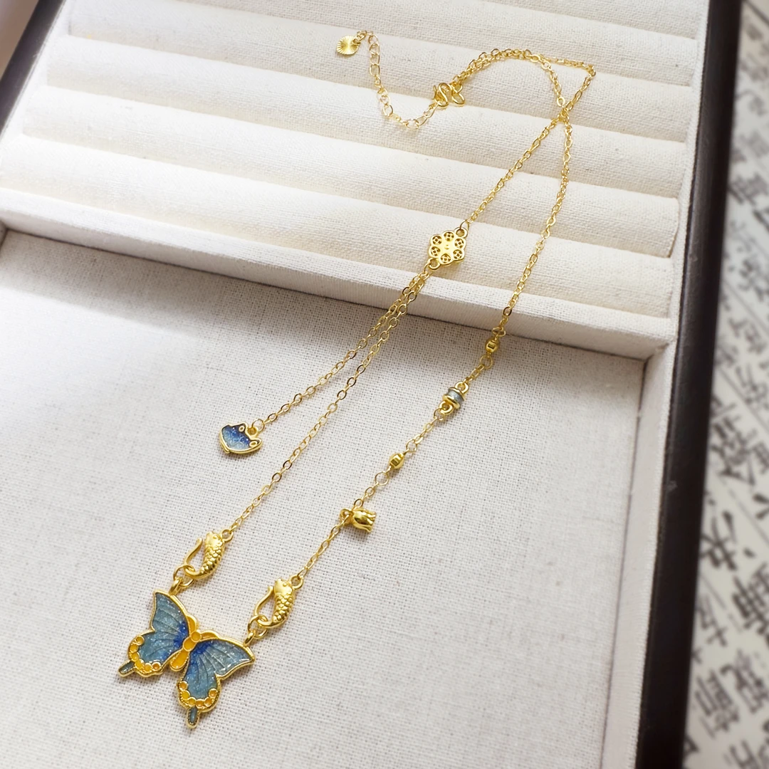 铜合金珐琅项链 镶钻蓝蝴蝶项链高级精致项链轻奢时尚坠链XL18079