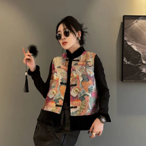 新中式国风马甲女鹦鹉盘扣马夹春秋冬新款高端三件套