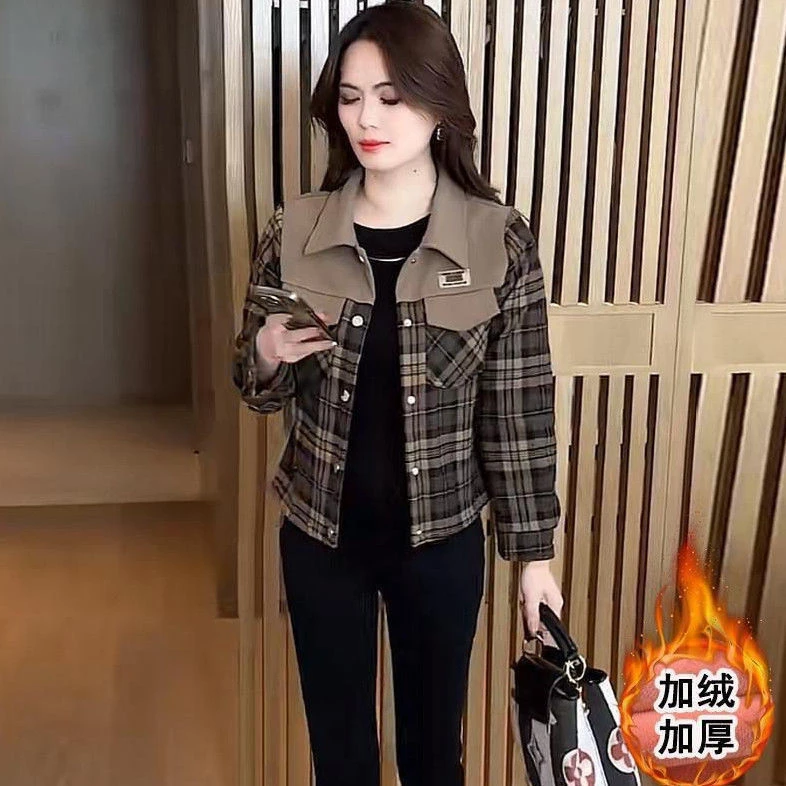 加绒格子短外套外套秋冬新款小个子洋气加厚时尚上衣气质休闲