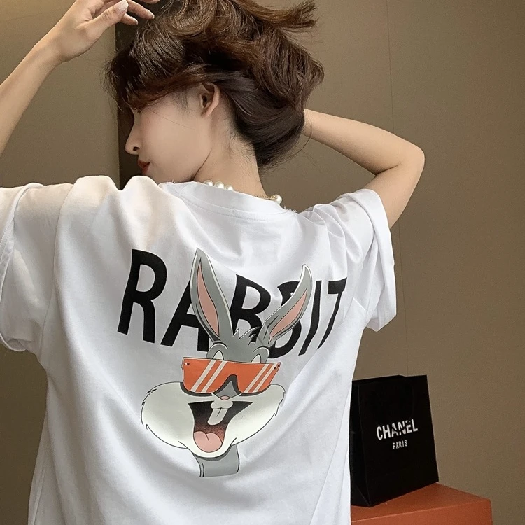 大码火龙果色纯棉t恤女夏季中长款宽松大版兔子上衣玫红下身半袖