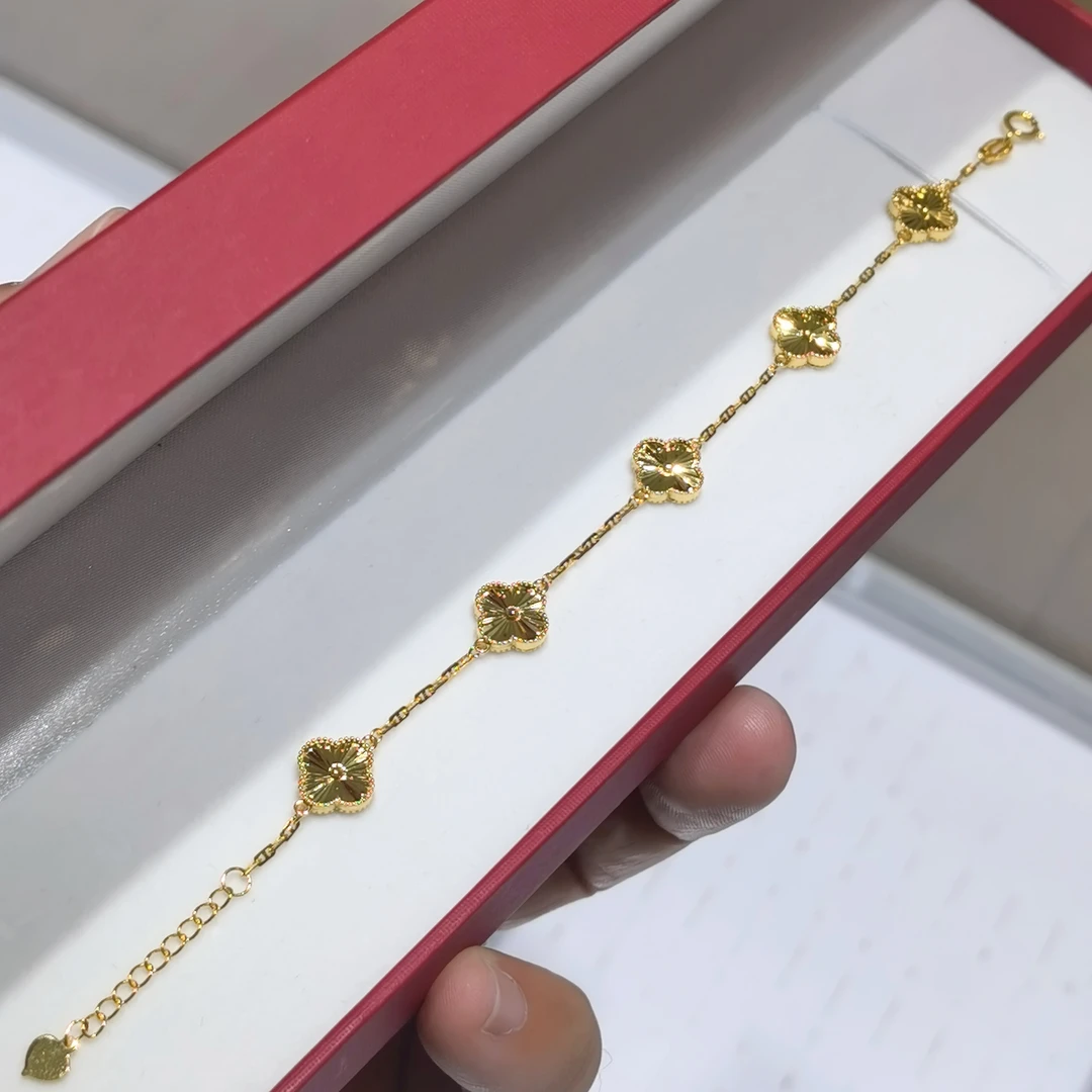 18K金10mm镭射幸运草五花手链91213百搭金手链精致时尚轻奢