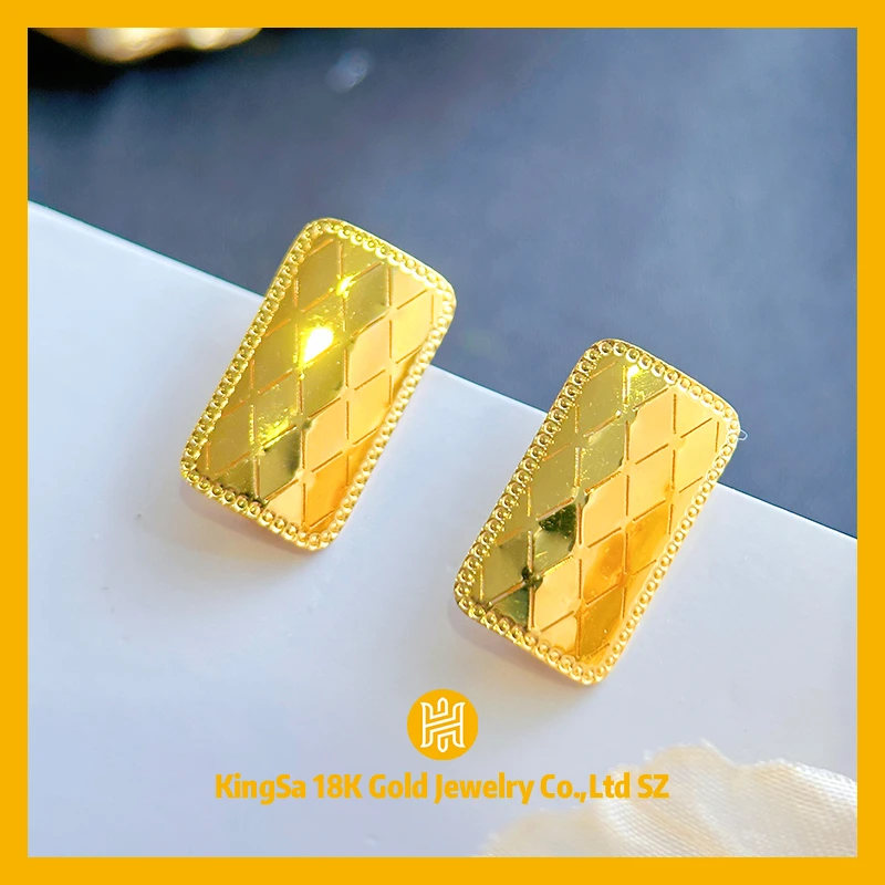 18K金菱格方耳钩9656复古百搭轻奢气质小众时尚1.85-2.05克